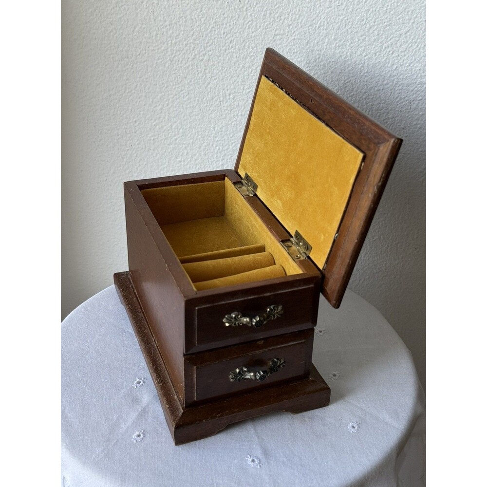 Vintage Musical Cane Wood Jewelry Box One Drawer Flip Lid Small Chest Style